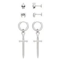 Multi-Pack Skull Stud Earrings and Dagger Dangle Earrings 3 Pair - 18 Gauge