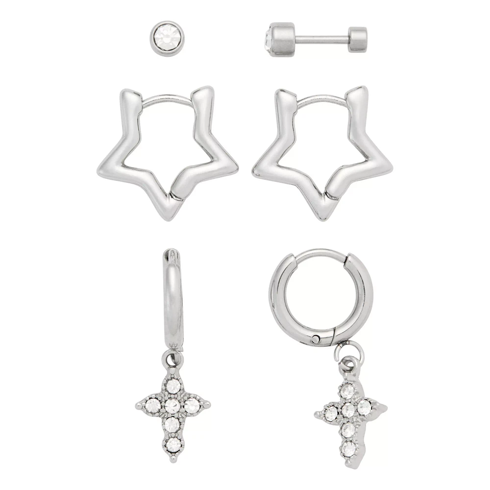 Multi-Pack Stud and Star Hoop Earrings 3 Pair - 18 Gauge