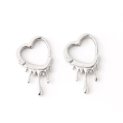 Silvertone Dripping Heart Huggie Hoop Earrings