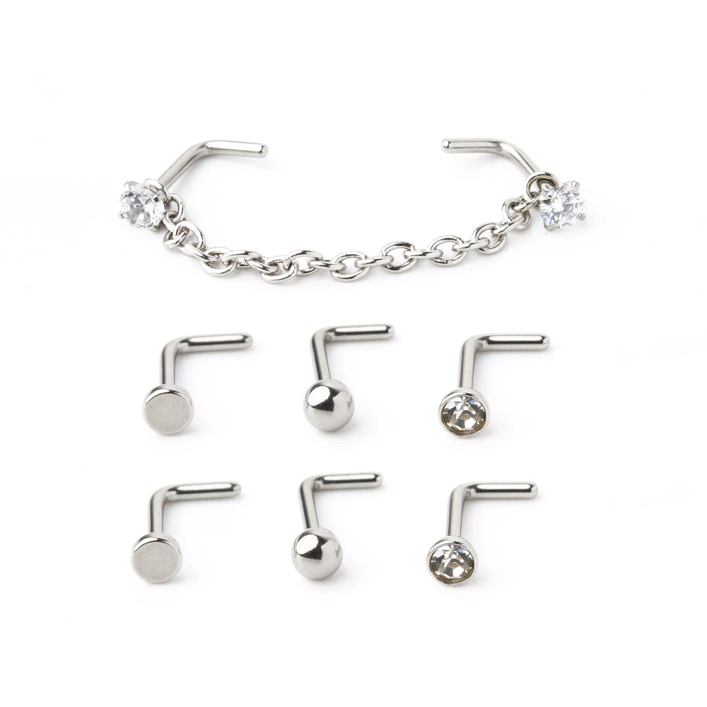 Multi-Pack Silver-Tone Chain and L-Bend Nose Rings 4 Pair