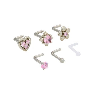 Multi-Pack Pink CZ Heart and Flower L-Bend Nose Pins 6 Pack - 18 Gauge