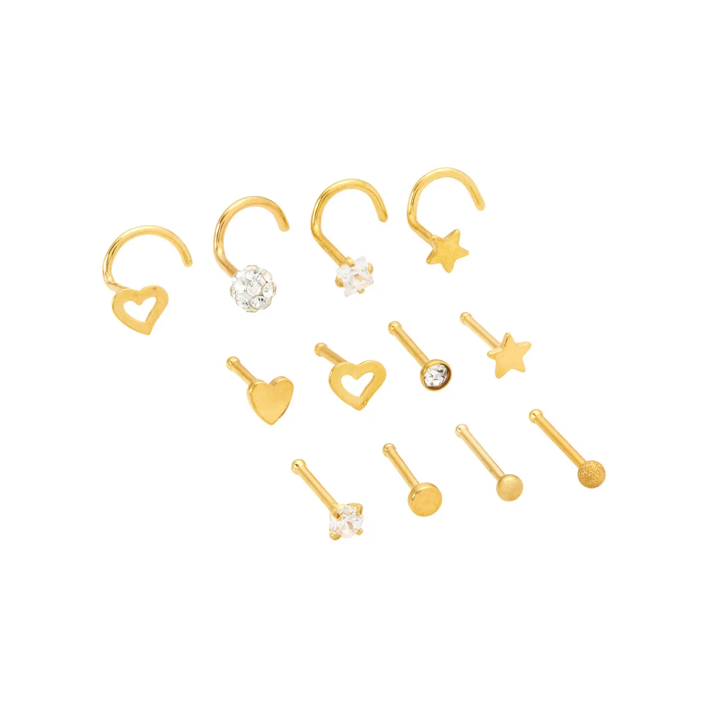 Multi-Pack CZ Goldtone Star Heart Nose Pins and Screw Rings 12 Pack - 20 Gauge