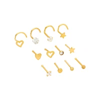 Multi-Pack CZ Goldtone Star Heart Nose Pins and Screw Rings 12 Pack - 20 Gauge