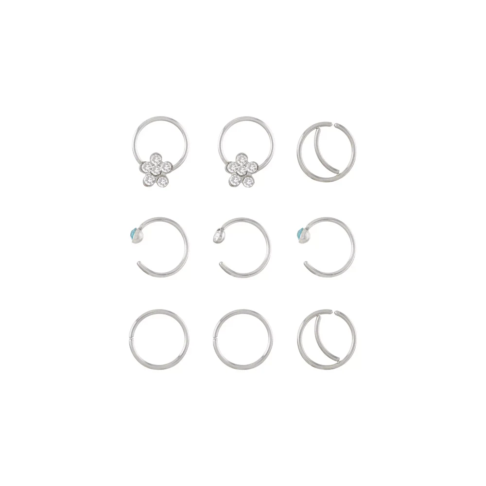 Multi-Pack CZ Silvertone Flower Hoop and Half Hoop Nose Rings 9 Pack - 20 Gauge