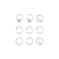 Multi-Pack CZ Silvertone Flower Hoop and Half Hoop Nose Rings 9 Pack - 20 Gauge