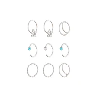 Multi-Pack CZ Silvertone Flower Hoop and Half Hoop Nose Rings 9 Pack - 20 Gauge