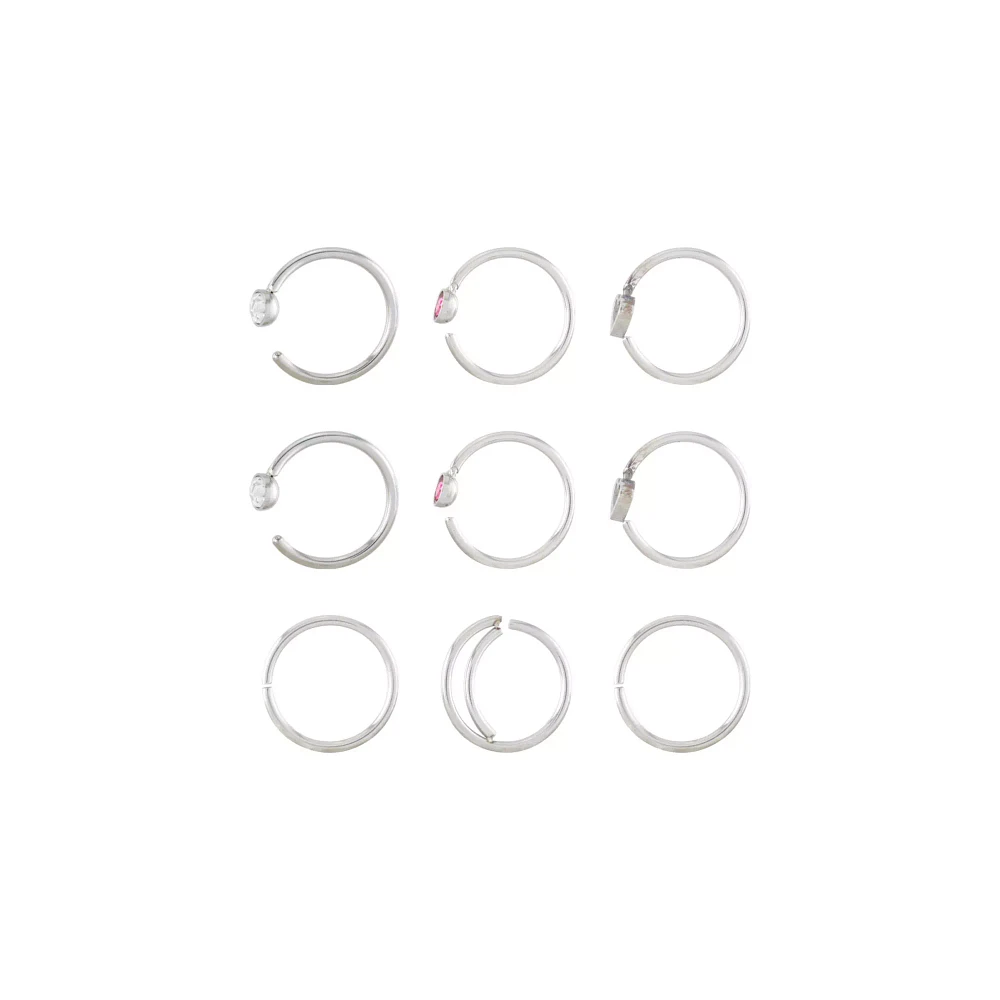 Multi-Pack Pink and Clear CZ Heart Nose Hoops 9 Pack - 20 Gauge
