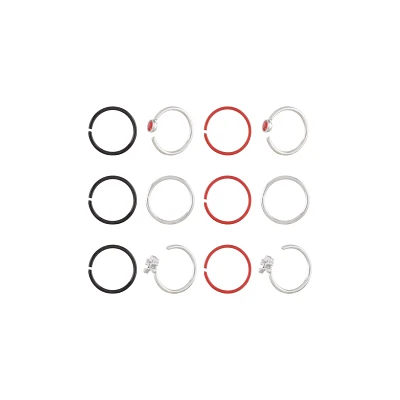 Multi-Pack Red and Black Skull Nose Hoops 12 Pack - 20 Gauge