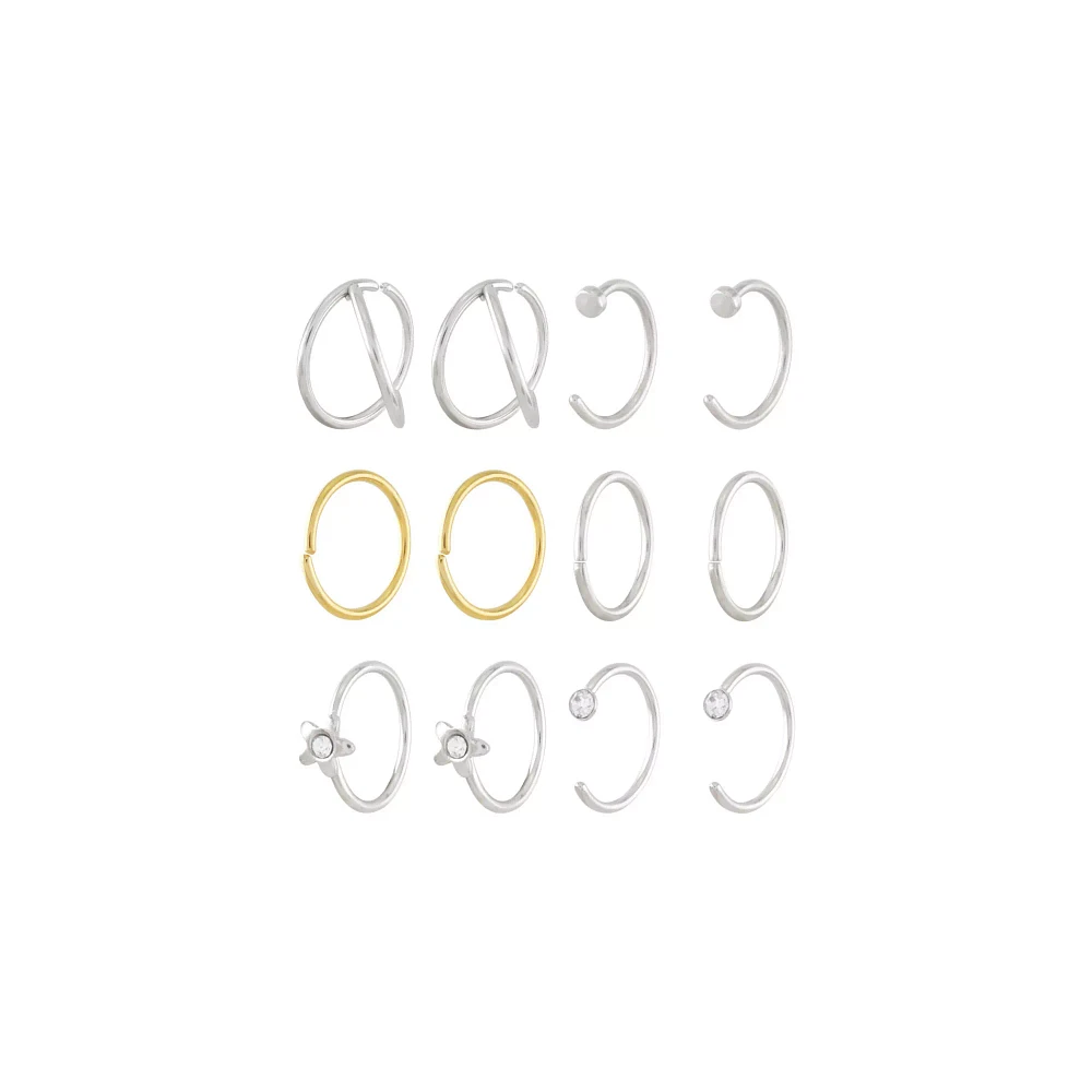 Multi-Pack CZ Flower Silvertone Goldtone Hoop and Half Hoop Nose Rings 12 Pack - 20 Gauge