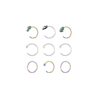 Multi-Pack CZ Rainbow Alien Silvertone Hoop and Half Hoop Nose Rings 9 Pack - 20 Gauge