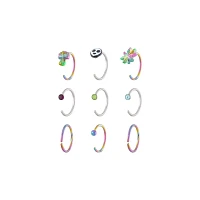 Multi-Pack CZ Rainbow Alien Silvertone Hoop and Half Hoop Nose Rings 9 Pack - 20 Gauge