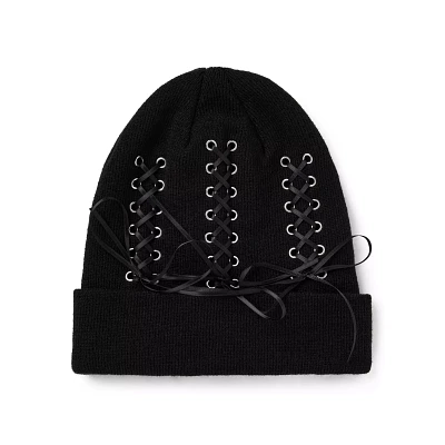 Black Lace-Up Cuff Beanie Hat