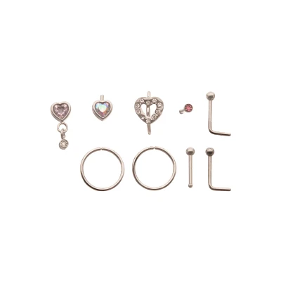 Multi-Pack Pink CZ Heart Nose Pins and Hoops 9 Pack - 20 Gauge