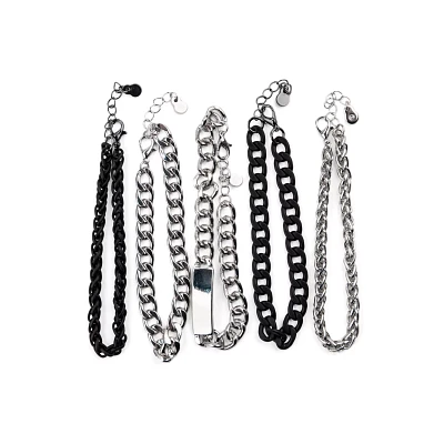 Multi-Pack Black and Silvertone Curb Chain Bracelets - 5 Pack