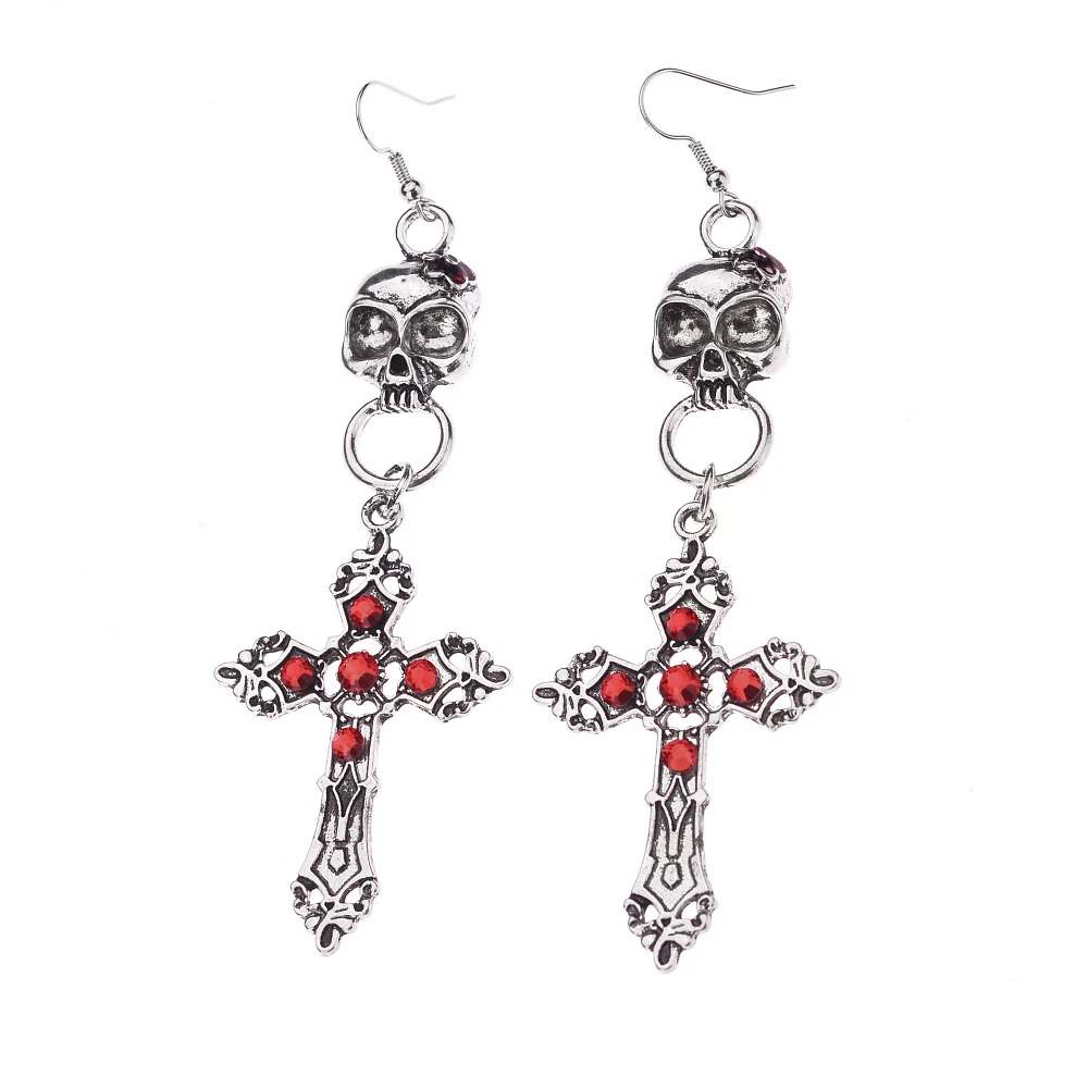 Red Skull and Cross Dangle Earrings