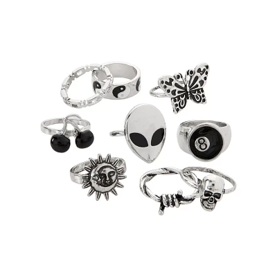 Multi-Pack Silvertone Statement Rings - 7 Pack