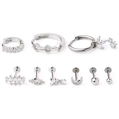 Multi-Pack CZ Moon and Weed Leaf Cartilage Earrings 9 Pack - 18 Gauge