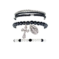 Multi-Pack Pearl-Effect Cross Black Silvertone Bracelets - 3 Pack