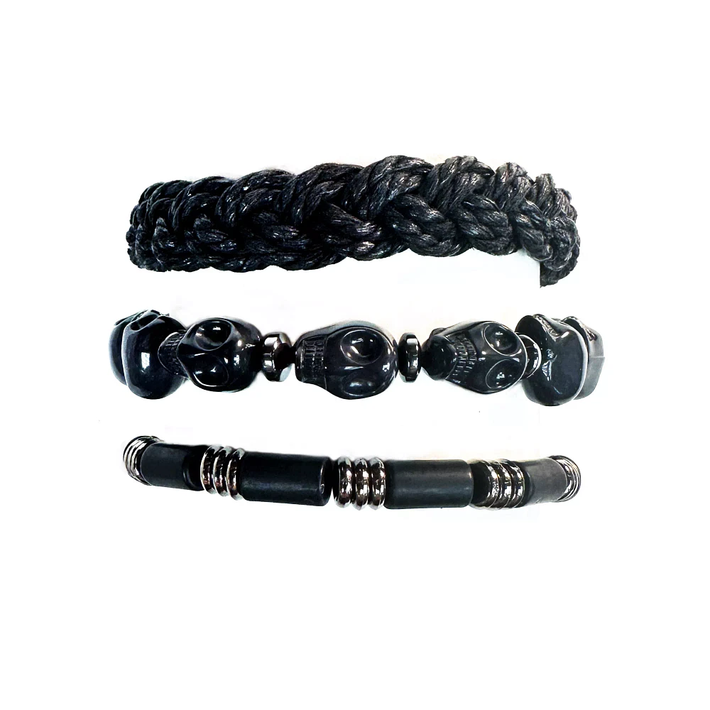 Multi-Pack Black Skull and Braided Bracelets - 3 Pack