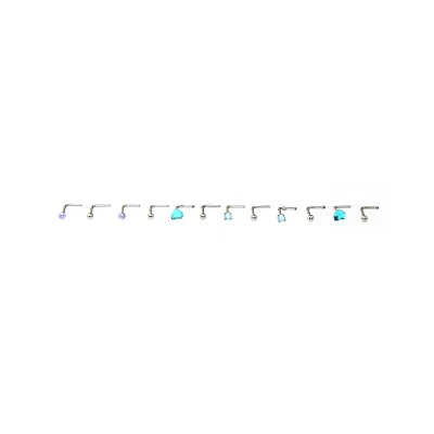 Multi-Pack Teal Heart Gem L-Bend Nose Pins 12 Pack - 20 Gauge
