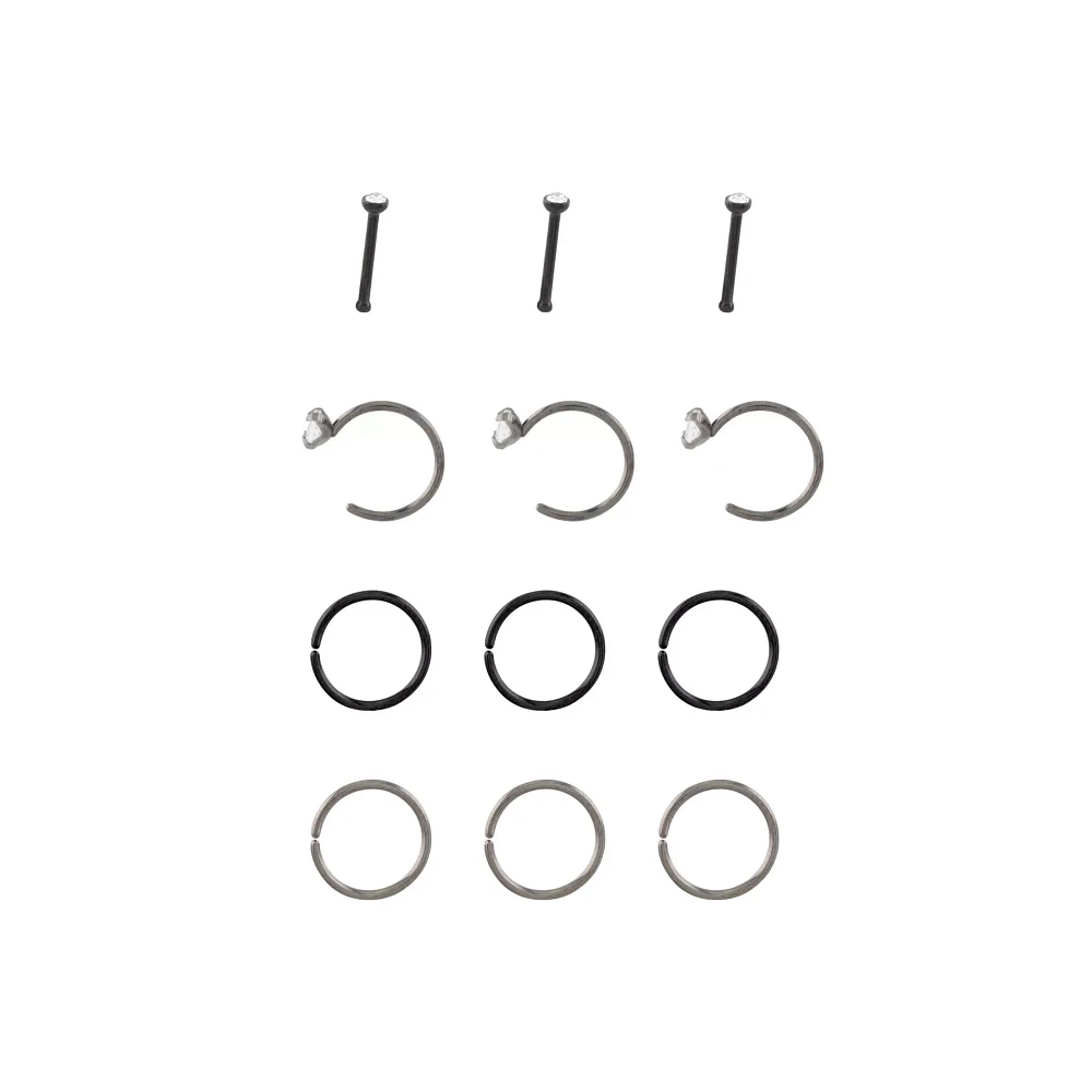 Multi-Pack Silvertone and CZ Nose Hoops and Pins 12 Pack
