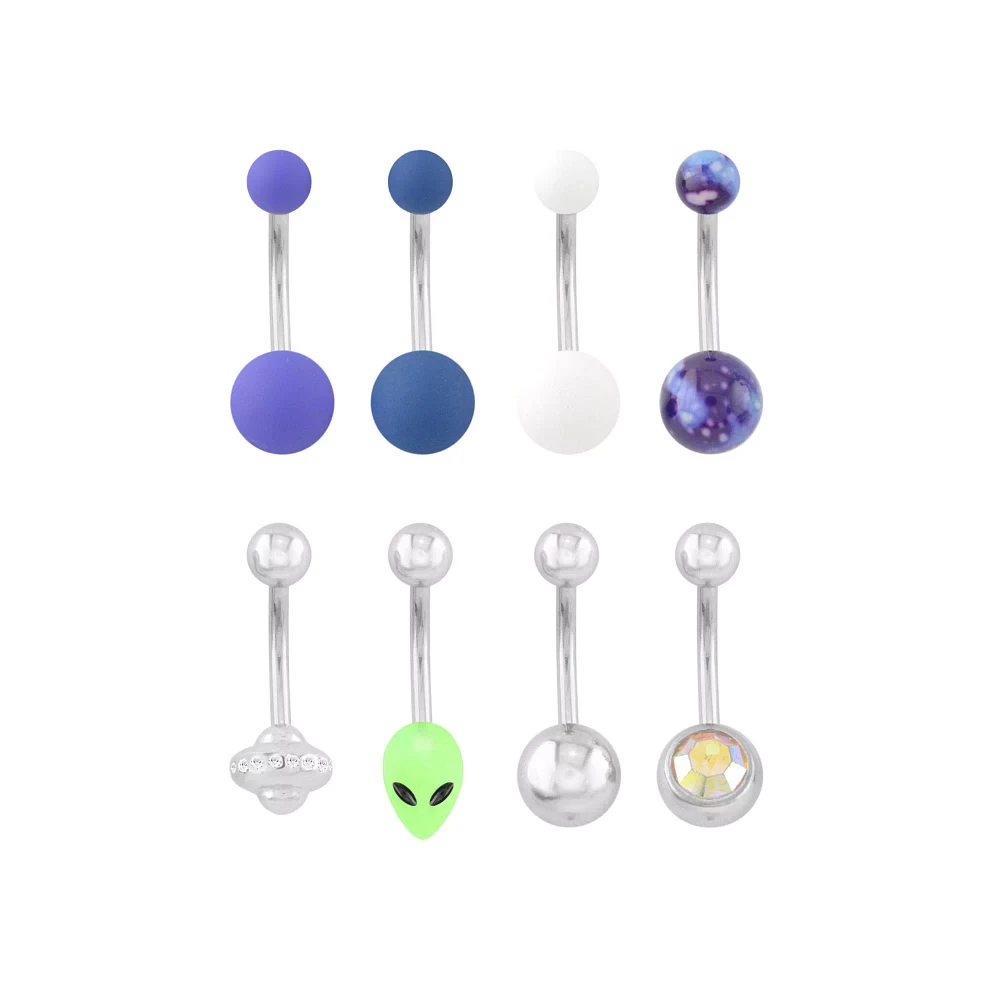 Multi-Pack Blue and Purple Alien Belly Rings 8 Pack - 14 Gauge