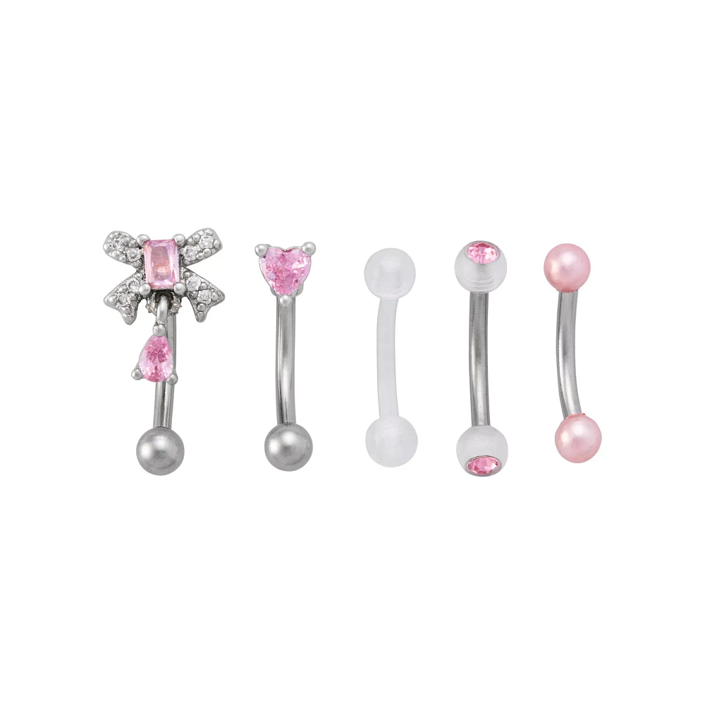 Multi-Pack Pink CZ Bow and Heart Curved Barbells 5 Pack - 16 Gauge