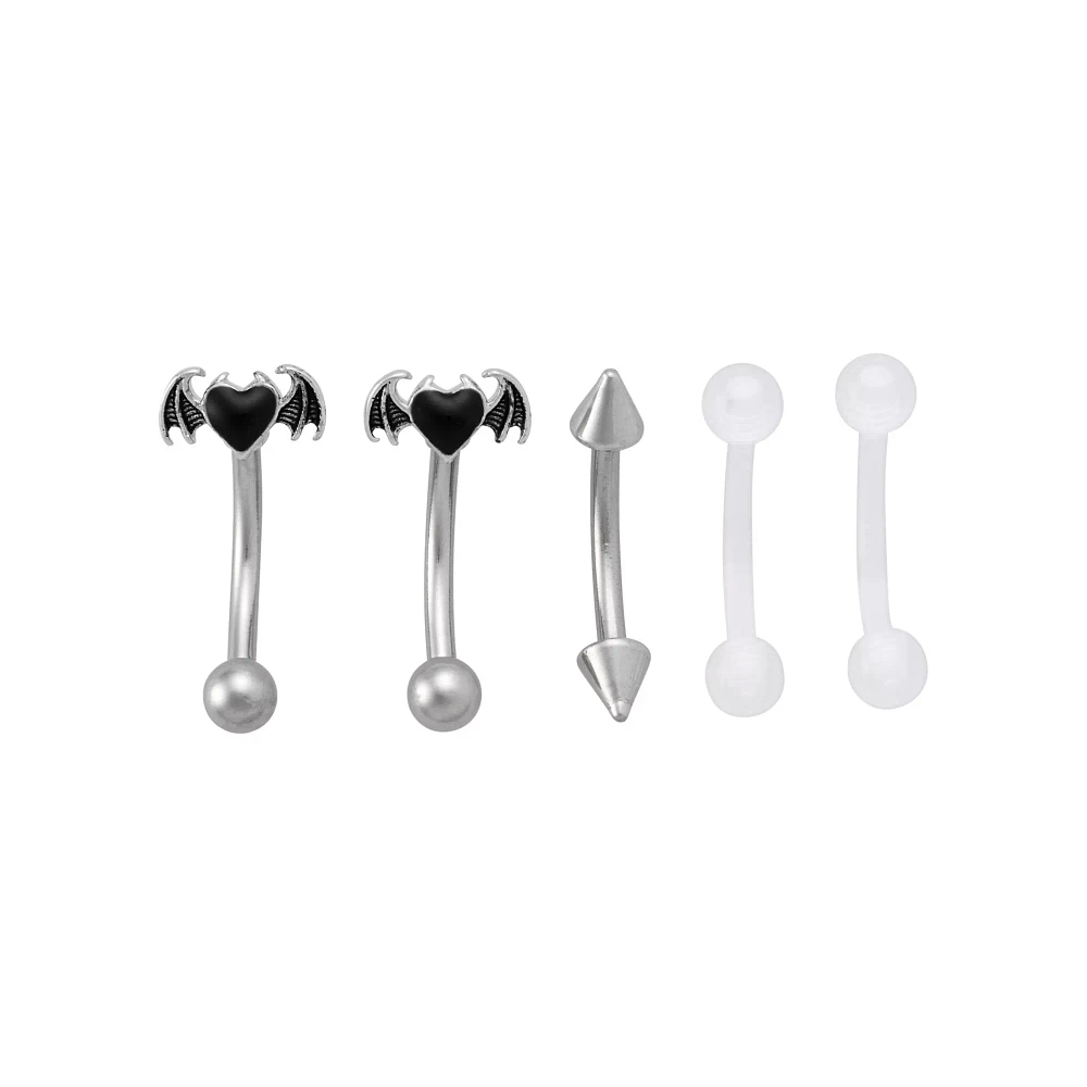 Multi-Pack Bat Heart Curved Barbells and Retainers 5 Pack - 16 Gauge