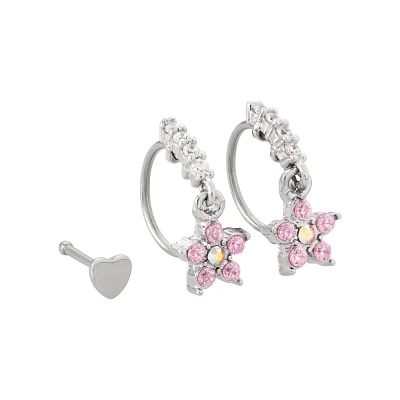 Multi-Pack Flower Hoop and Pin Dangle Nose Rings 3 Pack - 20 Gauge