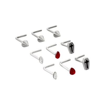 Multi-Pack CZ Red Coffin L-Bend Nose Rings 9 Pack - 20 Gauge