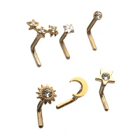 Multi-Pack CZ Goldtone Sun Moon Star L-Bend Nose Rings 6 Pack - 20 Gauge
