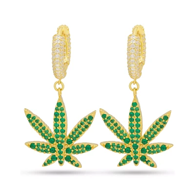 Green CZ Iced Weed Leaf Hoop Earrings
