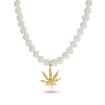 Pearl-Effect Goldplated Weed Leaf Necklace