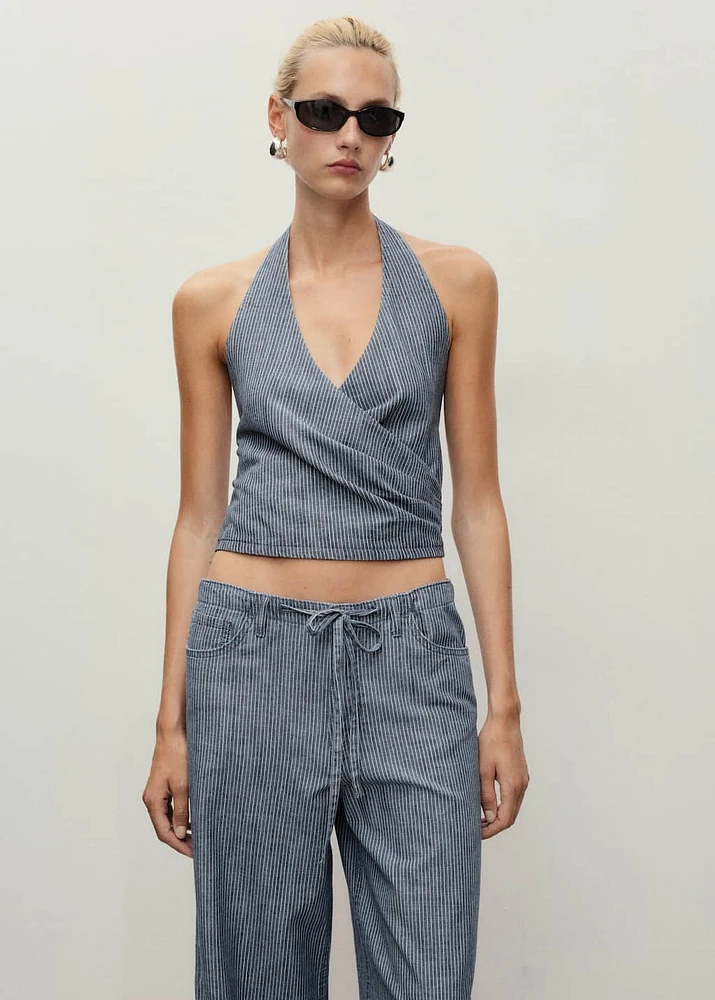 Striped crossover denim top