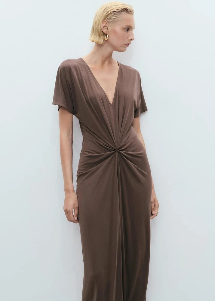 V-neck dress with gathered neckline