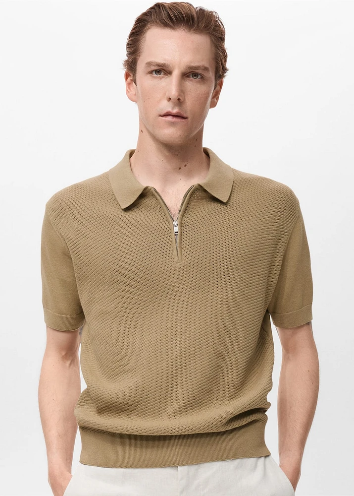 Openwork knitted polo shirt with zipper