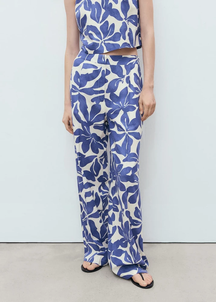 Printed linen-blend pants