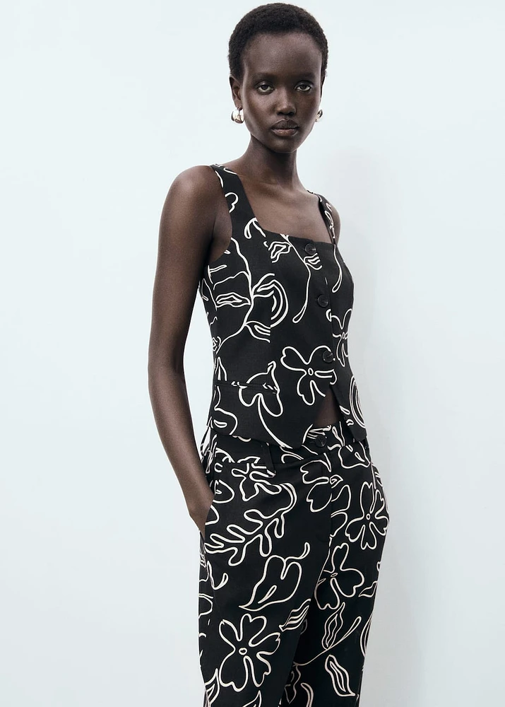 Floral-print linen suit vest