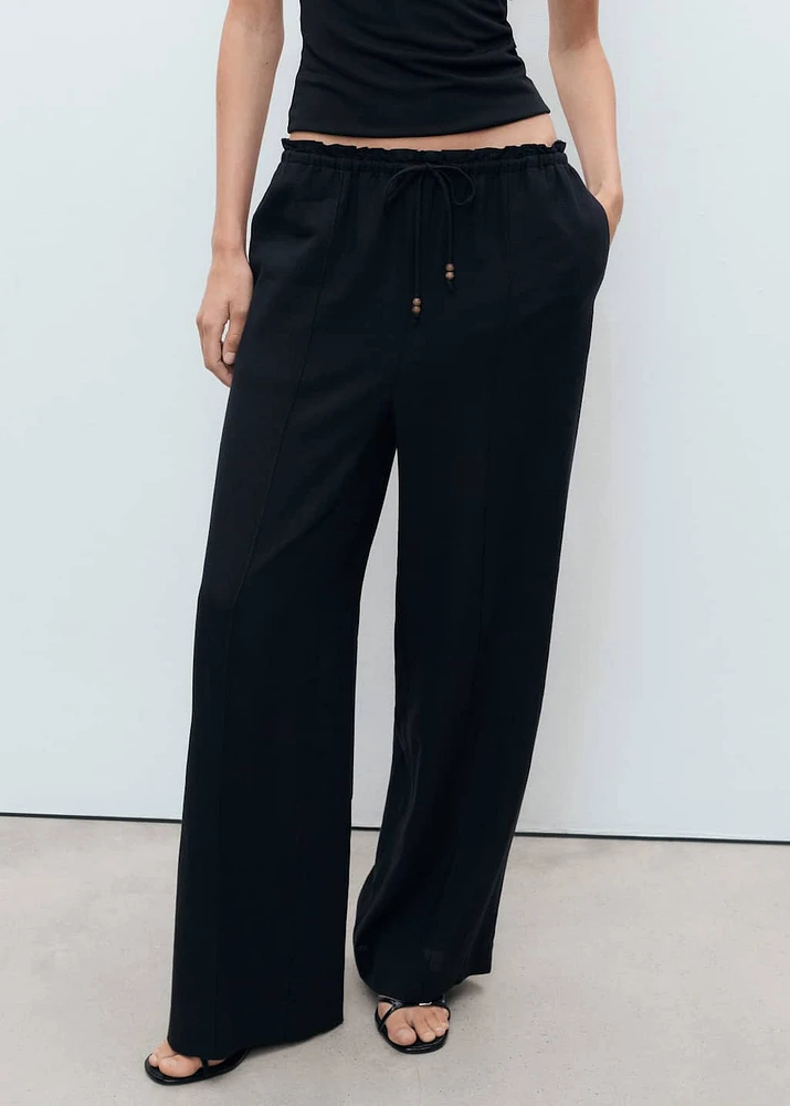 Linen-blend elastic waist pants