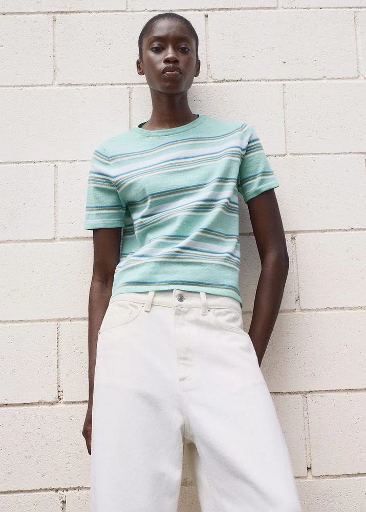 Short-sleeved sweater with combined stripes