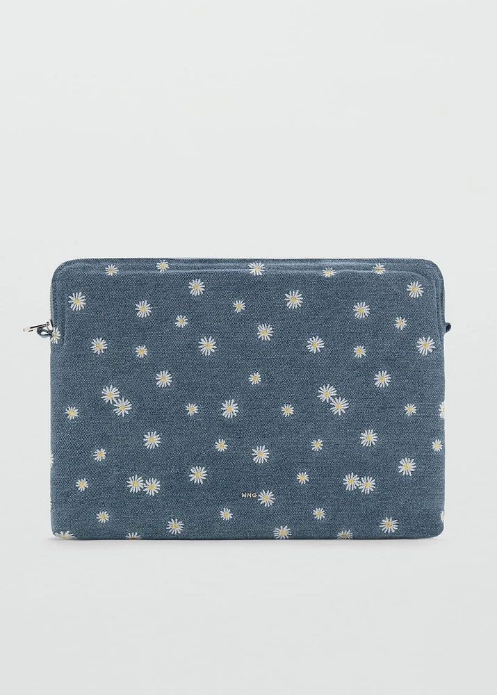 Flower-embroidered denim case