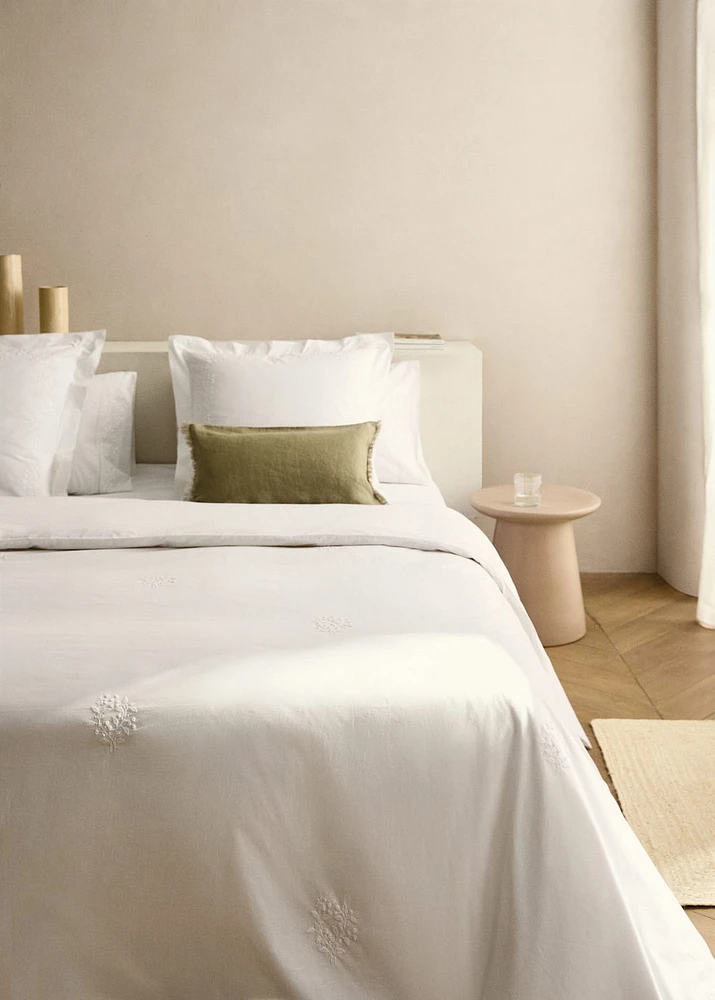 Percale cotton duvet cover with embroidered flowers for / cm bed