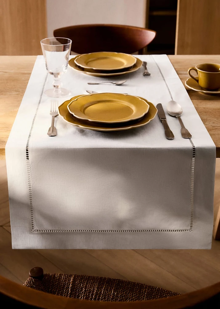 Linen table runner with embroidered hemstitch