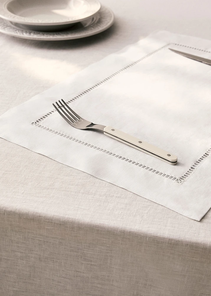 Embroidered hemstitched linen placemat