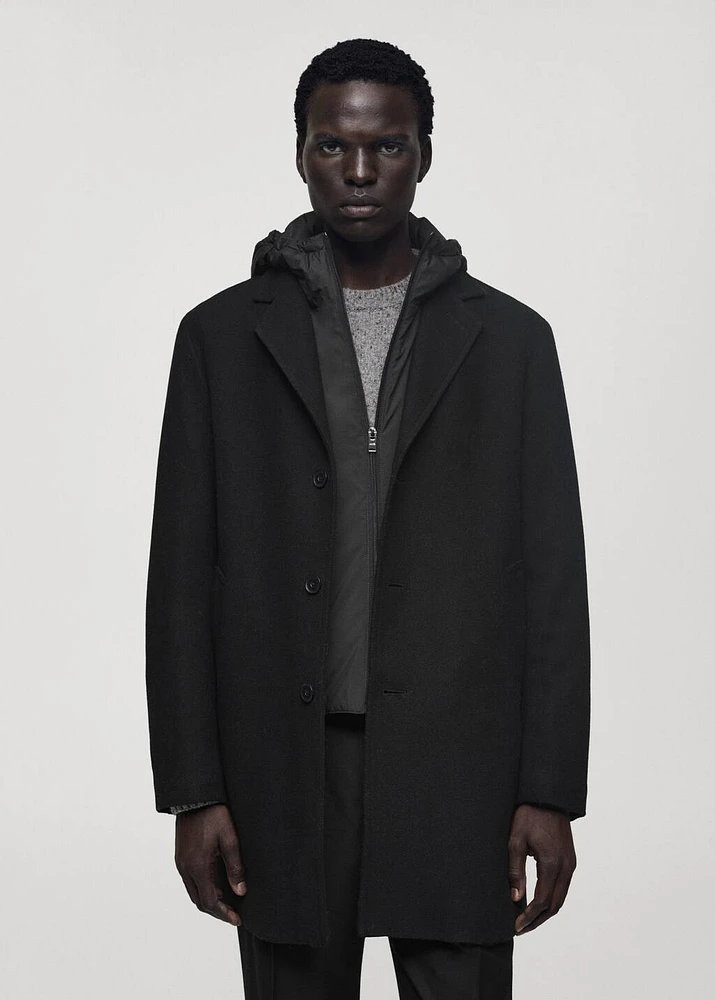 Wool coat with quilted interior hood