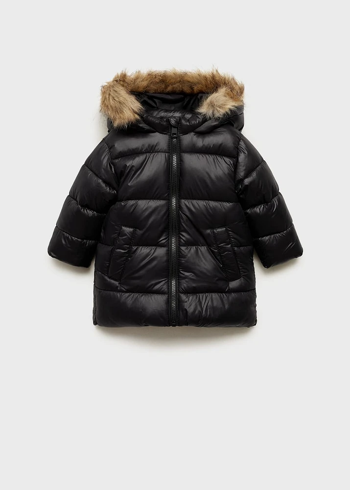 Quilted coat with fur-effect hood