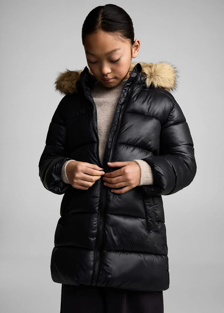 Quilted coat with fur-effect hood
