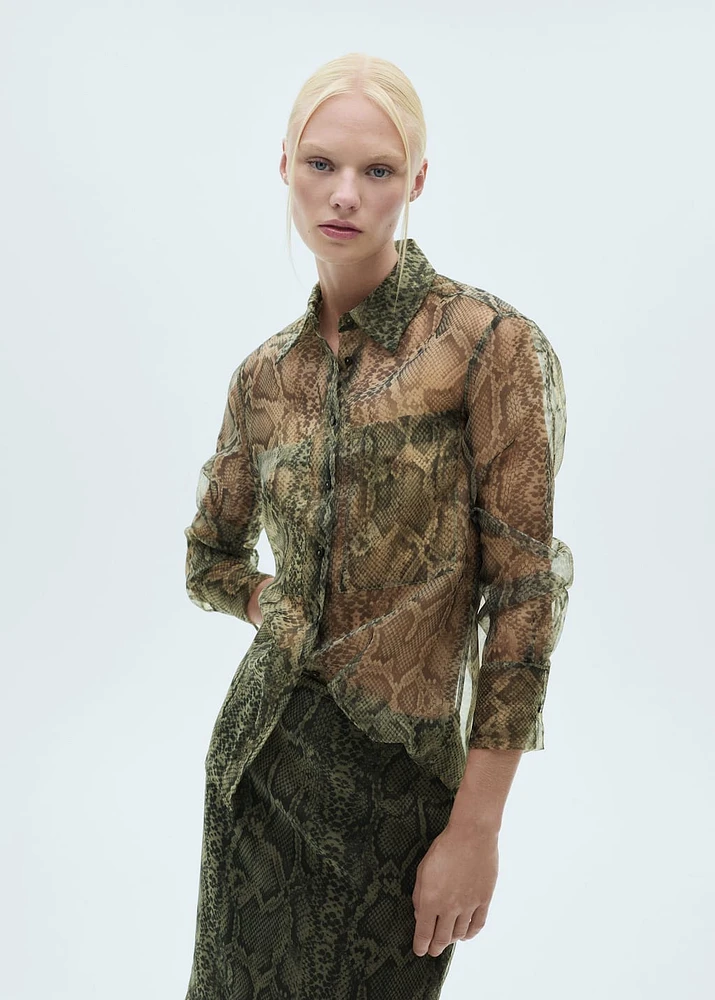 Animal print semi-transparent organza shirt