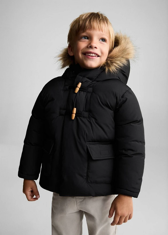 Quilted coat with fur-effect hood