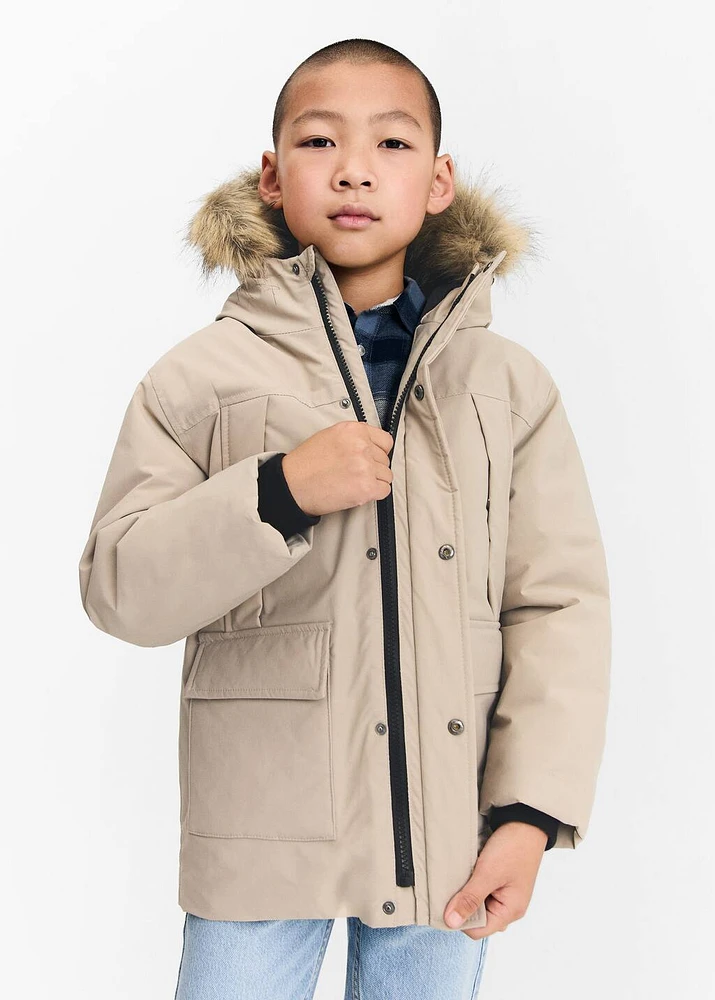 Quilted coat with fur-effect hood